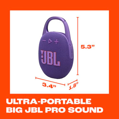 JBL Clip 5 - Ultra-Portable Waterproof Speaker - Purple | Ultra-portable JBL Pro Sound, Redesigned carabiner, Up to 12 hours of playtime plus 3 hours with Playtime Boost - color: Purple