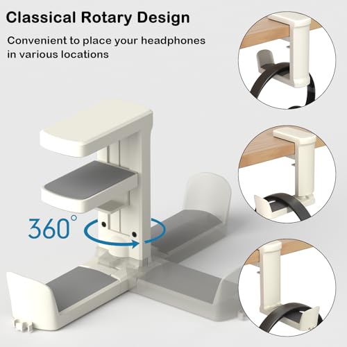 Headphone Holder Adjustable Clamp-on Headphone Hook | Under Desk Gaming Headset Holder Mount Hook with Rotating Clamp (White) - color: White