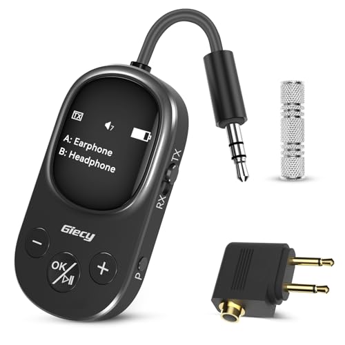 Airplane Bluetooth 5.3 Transmitter Receiver Adapter, Supports 2 AirPods or Headphones with aptX Low Latency, 3.5mm AUX Jack Wireless Audio Transmitter for Planes, Airline, Travel, TV (Black)