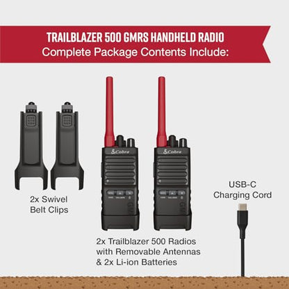Cobra Trailblazer 500 GMRS Radio (2-Pack), IP54 Rugged No-Display Design | 2.5W Long Range Walkie Talkies, 16hr Battery, Swivel Holster, Programmable Software, Removable Antenna, Repeater Compatible