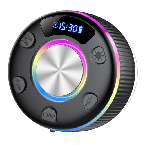 Bluetooth Shower Speaker, IP7 Waterproof Portable Bluetooth 5.3 Speakers with Suction Cup, Mini Wireless Speaker with RGB Lights Time Display, Loud Stereo Sound for Bathroom Beach Outdoor Party Gift - color: Sleek Black