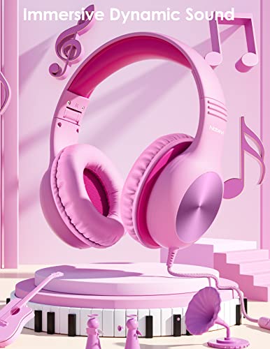 Nabevi Kids Headphones with Microphone, Over-Ear Headphones for Kids with Sharing Function, 85dB/94dB Safe Volume Limit, Wired Headphone for Children, Kid Headset for School, Study, Travel, Pink - color: Pink
