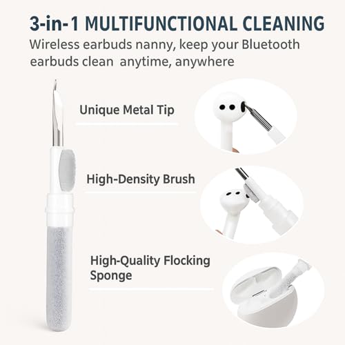 3-in-1 Earbud Cleaning Kit, Portable Cleaning Pen with Soft Brush, Metal Tip & Sponge, Multi-Function Tech Cleaning Tool Compatible with Wireless Earbuds, Phones, Speakers & Keyboards (White)