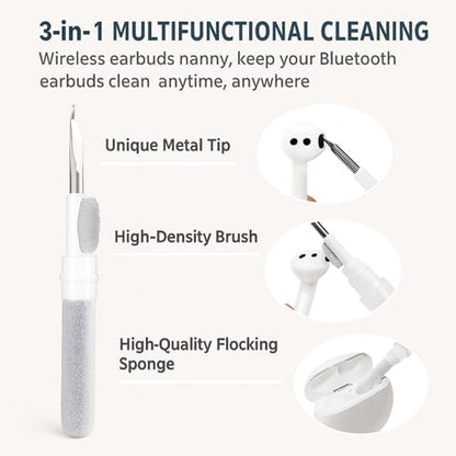 3-in-1 Earbud Cleaning Kit, Portable Cleaning Pen with Soft Brush, Metal Tip & Sponge, Multi-Function Tech Cleaning Tool Compatible with Wireless Earbuds, Phones, Speakers & Keyboards (White)