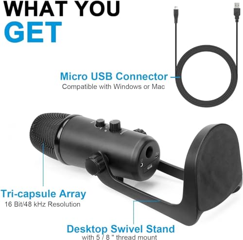 Boya BY-PM700 Multi-Pattern USB Microphone for Windows and Mac Computers with Headphone Output, Black