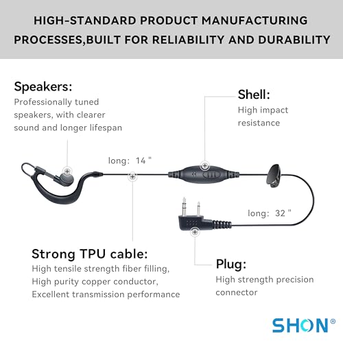 SHON Earpiece for FRS Walkie Talkie Radio, 2 PIN G Shape Headset with Mic Compatible with Kenwood,BAOFENG,Retevis Walkie Talkies (1 Set/Black)