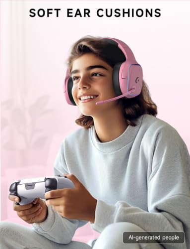 Gvyugke 2.4GHz Wireless Gaming Headsets for PS5, PS4, PC, Switch, BlushPink | Bluetooth 5.3 Gaming Headphones with Noise Canceling Mic, 7.1 Surround Sound, 70H Battery, Blue Lighting - color: Blush Pink