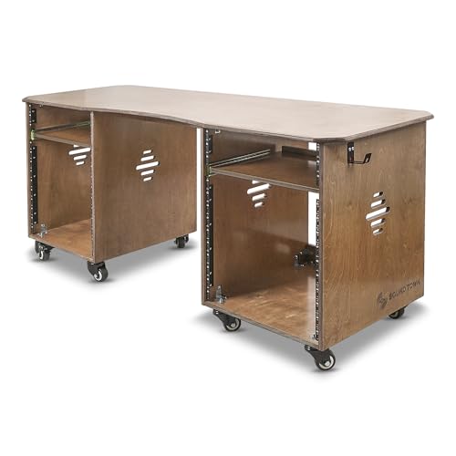 Sound Town DIY Music Studio Rack Desk Workstation with 2 X 13U Side Cabinets, Two Slide-Out Trays, Casters, Plywood, Weathered Brown for Recording Room, Home Studio (SDRK-WS69) - size: 2X13U(3U Top+10U Lower),Weathered Brown