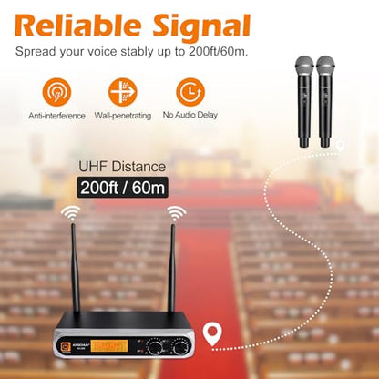 Wireless Microphone System, Fixed Frequency, Dual UHF Handheld Microphones, 200ft Long Range, Plug & Play, Cordless Microphone for Singing, Karaoke, DJ, Church, Wedding, Home KTV