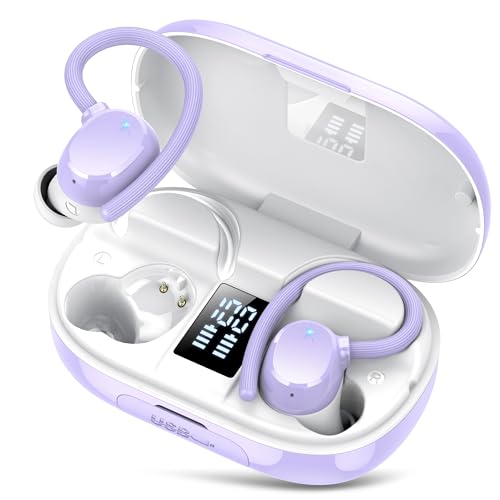 hadbleng Wireless Bluetooth Earbuds Sport 128H Playtime New Bluetooth 5.3 Headphones with LED Display Powerful Bass Over Ear Earphones with Earhooks IP7 Waterproof for Gym/Running/Workout - color: Light purple