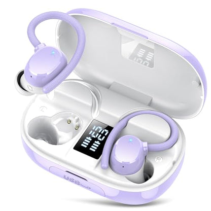 hadbleng Wireless Bluetooth Earbuds Sport 128H Playtime New Bluetooth 5.3 Headphones with LED Display Powerful Bass Over Ear Earphones with Earhooks IP7 Waterproof for Gym/Running/Workout - color: Light purple