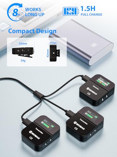 Moman Wireless Lavalier Microphone C2X, 2.4G Dual Transmitter Lapel Mic 656FT 8H for Online Class Vlog Stream YouTube for Camera Smartphone Tablet (C2X Dual) - size: C2X