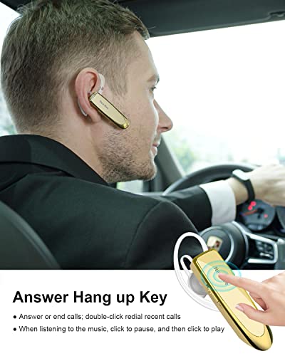 New Bee Bluetooth Earpiece V5.0 Wireless Handsfree Headset with Microphone 24 Hrs Driving Headset 60 Days Standby Time for iPhone Android Samsung Laptop Trucker Driver (Gold) - color: Gold