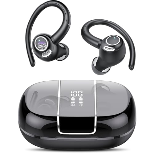 Wireless Earbuds Bluetooth 5.3 Headphones Sports, 48H Over Ear Bud with ENC Mic, Stereo Deep Bass Bluetooth Earbuds with Secure Earhooks, LED Display, IPX7 Waterproof Earphone for Running Ivory Black