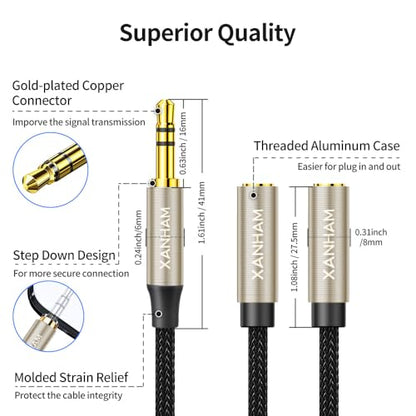 3.5mm Audio Stereo Y Splitter TRS Aux 1/8 Inch Mini Jack Extension 1 in 2 Out Adapter Cable for Headphone Audio Sharing Compatible with iPhone, iPad, iPod, Smartphone, Tablet, Laptop/PC, etc