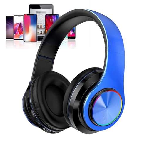 Kids Bluetooth Over Ear Headphones with LED Lights,Blue | Built-in Mic, Bluetooth 5.0, Wired and Wireless Foldable Stereo Headphones for Classroom, Office, Tablet, Airplane,Travel - color: Blue