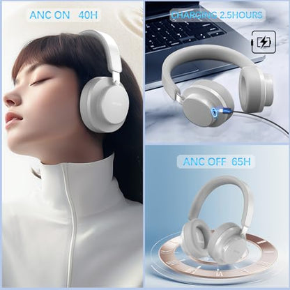 Noise Cancelling Headphones Wireless Bluetooth, Over Ear Headphone Bluetooth with Microphone, Cancelling Wireless Headphones Over Ear, 65h Playtime, Clear Calls, Comfort Fit for Travel (Grey) - color: Grey