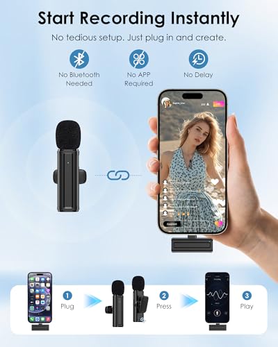 Wireless Mini Microphone for iPhone, iPad, Android, 2 Pack Lavalier Mic with 360° Rotatable Clip, Plug and Play Noise Reduction USB-C Mic for Video Recording YouTube TikTok Podcast Content Creators