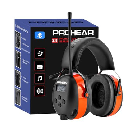 PROHEAR 033 2.0 Upgraded Bluetooth Hearing Protection AM FM Radio Headphones - 31SNR Noise Reduction Ear Muffs with Long-Lasting Stable Rechargeable Battery - 50 Hrs for Mowing Snowblowing - Orange - color: Af/Fm+bluetooth-orange