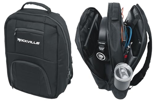 Rockville DJBP24 Rugged DJ Compact Backpack, 11 Compartments, 17" Laptop | Fits 2 Laptops, YKK Zippers, Waterproof Zipper Track, Padded Interior, Rubber Feet, Trolley Sleeve, Opens Flat, Mesh Straps
