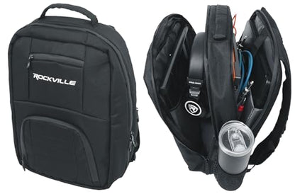 Rockville DJBP24 Rugged DJ Compact Backpack, 11 Compartments, 17" Laptop | Fits 2 Laptops, YKK Zippers, Waterproof Zipper Track, Padded Interior, Rubber Feet, Trolley Sleeve, Opens Flat, Mesh Straps