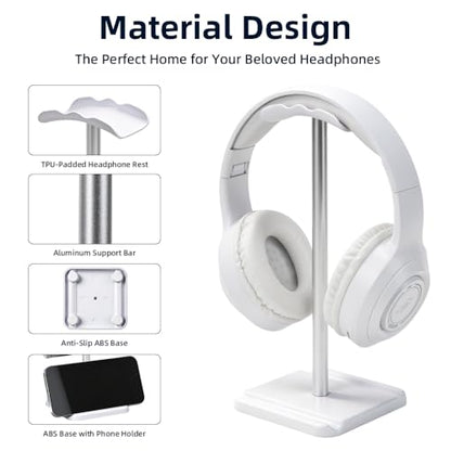 Headphone Stand for Desk, Headset & Earphone Holder with Phone Slot | Aluminum Pole, TPU-Padded Headrest, Anti-Slip ABS Base, Universal for Gaming & Office, Compatible with All Headphones - color: White