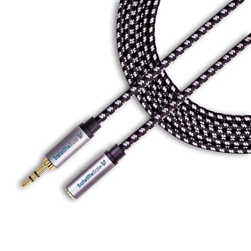 SatelliteSale Auxiliary 3.5mm Audio Jack Male to Female Digital Stereo Aux Extension Cable Universal Wire Black/White Nylon Cord 100 feet - size: 100 Feet