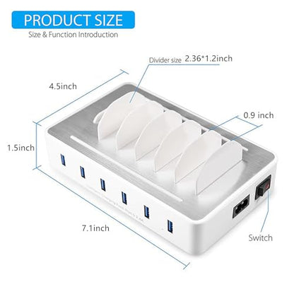 여러 장치용 충전 스테이션, 50W 6 USB 포트 패밀리 충전기, 애플 아이폰 아이패드 및 안드로이드 폰 및 태블릿과 호환 - color: USB 포트 6개 및 화이트