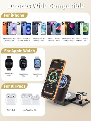 (Apple MFi Certified)3 in 1 Charging Station Apple, 25W 6FT Mag safe Stand Magnetic Charger for iPhone and iWatch with 35W USB C Block for iPhone 17 Pro Max/16 Pro/15 Plus/14/13/12,AirPods,Apple Watch