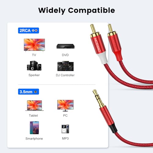 MOSWAG 3.5mm Male to 2RCA Male Stereo Audio Cable 1/8 to RCA Stereo Cable - color: Red, size: 10FT/3Meter