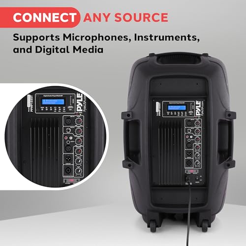 Pyle PPHP155ST Wireless Portable PA Speaker System - 1500W High Powered Bluetooth Compatible Active Outdoor Sound Speakers w/ USB SD MP3 RCA - 35mm Mount, Stand, Microphone, Power Cable, Black, 15"