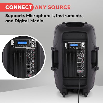 Pyle PPHP155ST Wireless Portable PA Speaker System - 1500W High Powered Bluetooth Compatible Active Outdoor Sound Speakers w/ USB SD MP3 RCA - 35mm Mount, Stand, Microphone, Power Cable, Black, 15"