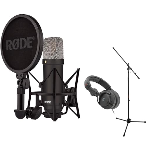 Rode NT1 Signature Series Large-Diaphragm Condenser Microphone (Black) Bundle with MS-5230F Tripod Microphone Stand with Fixed Boom and Polsen Studio Monitor Headphones