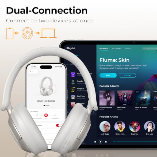 havit Hybrid ANC Wireless Headphones, Over Ear Bluetooth Headphones with Hi-Res Audio, Spatial Sound, 80H Battery, 5-Mic ENC Calls, Metal-Accent Foldable Design