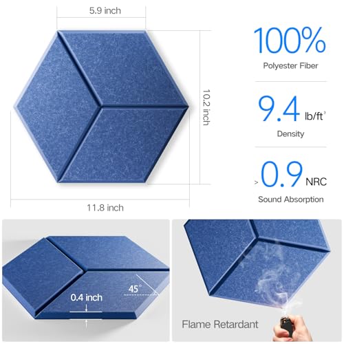 12 Pack Self-Adhesive Acoustic Panels 12" X 10" X 0.4" - Sound Proof Foam Panels with High Density, Y-Lined Design, Flame Resistant, Absorb Noise and Eliminate Echoes(Sky Blue) - color: Sky Blue, size: Y-Cut Hexagon 12 Pack