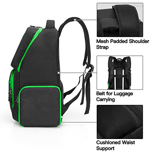 Trunab Backpack Compatible with Xbox Series X/S, Carry Case with Divider | Game Storage Bag Fits 15.6" Laptop, Controller & Cables, Padded Pockets for Gaming Accessories - color: Green Zip