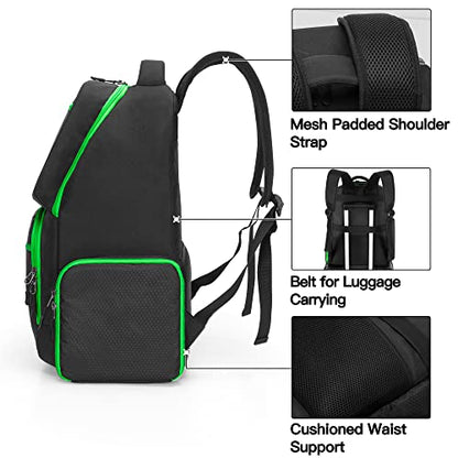 Trunab Backpack Compatible with Xbox Series X/S, Carry Case with Divider | Game Storage Bag Fits 15.6" Laptop, Controller & Cables, Padded Pockets for Gaming Accessories - color: Green Zip