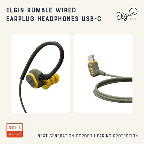 Elgin Rumble Wired Earplug Headphones, Waterproof Earbuds w/Mic | 27 dB NRR, Noise-Isolating Mic & in-Line Controller, OSHA Compliant, ANSI Certified, Kevlar Reinforced Cable, IP67, USB-C - style: USB-C