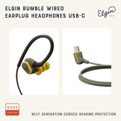Elgin Rumble Wired Earplug Headphones, Waterproof Earbuds w/Mic | 27 dB NRR, Noise-Isolating Mic & in-Line Controller, OSHA Compliant, ANSI Certified, Kevlar Reinforced Cable, IP67, USB-C - style: USB-C