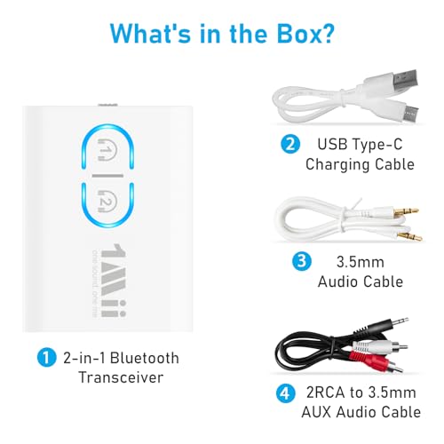 1Mii Bluetooth Transmitter Receiver for TV/Airplane to Headphones, Bluetooth 5.3 AUX/RCA Audio Adapter with aptX Adaptive/Low Latency/HD Audio, Dual Link, Wireless Receiver for Home Stereo, Boat, Gym - color: White