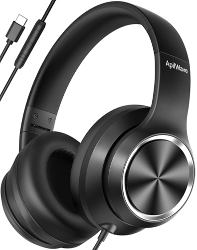 Active Noise Cancelling Headphones, USB C Headphone Wired Over Ear with Mic | USB C Headphones, Hi-Fi Stereo Sound, Big Bass, Portable Foldable Lightweigh Headphone for Airplane Trave/Office/Game/School - color: Black