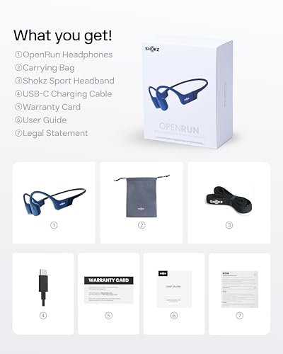 SHOKZ OpenRun Bone Conduction Bluetooth Headphones, Blue, USB-C Charging | Bundle with Sweat Headband；Open ear comfort; Lightweight & Secure fit; IP67 water resistance; 8H battery; Running/Cycling - color: Blue, size: Standard Size+USB-C Charging