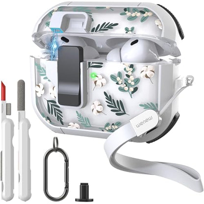 WENEW for AirPods Pro 3 Case (2025) Cover Secure Lock Automatic Snap Switch Clip Cleaner Kit Lanyard Women Stylish Flower Hard Shell Full Body Front LED Visible (Green Leaves, AirPods Pro 3) - color: Green Leaves, size: AirPods Pro 3