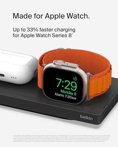 Belkin MagSafe 3 in 1 Wireless Charging Pad, Fast Charging Station | Apple Watch, iPhone 17/16/15/14 Series, AirPods compatible, multi-device MagSafe charging station, Magnetic - color: Black, style: New