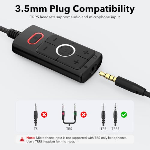 1Mii S03 External USB Sound Card, 7.1 Surround USB 3.5mm Jack Audio Adapter | for PC to Headphones, Plug & Play, Volume Control and Mic Mute for Gaming, USB to AUX for Headset, Computer, PS4, PS5, 6FT