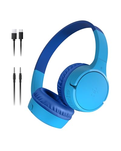 Belkin SoundForm Mini Bluetooth Kids Headphones, On Ear, 30H Battery Life | Toddler headphones, 85dB Volume Limit, Built-in Mic, Wired Connection Option, iPad, Android Tablet, School, Travel - color: Blue, style: Wireless (USB-C)