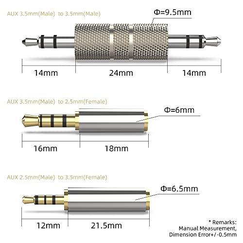 2.5mm to 3.5mm Adapter and 3.5mm to 2.5mm Adapter Male to Female Stereo Audio Connector, 3.5 to 3.5 (1/8") TRS Stereo Aux Converter Gold Plated Compatible for Smartphones, Mic (3-in-1 Pack)
