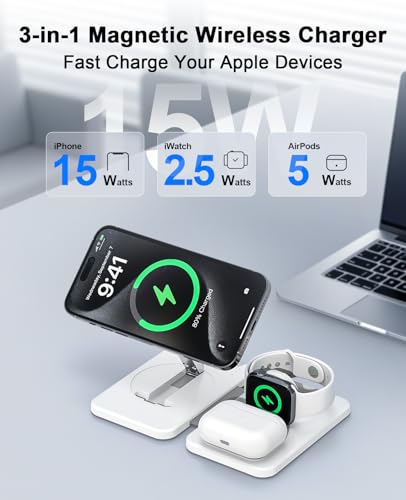 3 in 1 Magnetic Wireless Charger for Apple Multiple Devices, Foldable Fast Charging Station - Magsafe Charger Stand, Travel Charger Pad for iPhone 17 16 15 14 13 12 Series/Apple Watch/AirPods Pro | Magsafe Charger Stand for Multiple Devices, Travel Charge