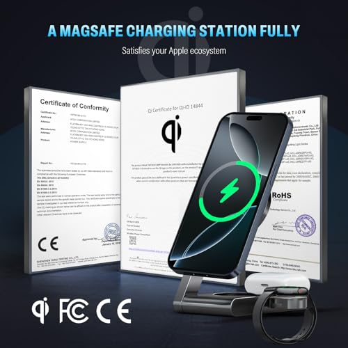 2026 3 in 1 Wireless Charging Station Mag-Safe Fast Charging Station for Apple MagSafe Charger, with USB C Charger, Foldable Charging Magnetic Wireless Charger Stand, Space Aluminum Travel Charger - color: Luxury Grey