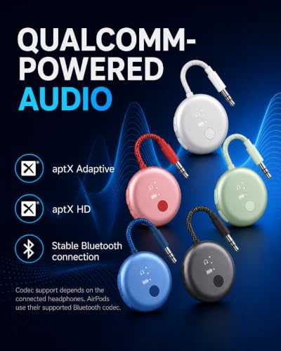 Avantree SoundJet R1 - Airplane Bluetooth Adapter for AirPods, 25H | Qualcomm aptX Adaptive & HD, dual-headphone pairing, 25-hour battery, USB-C charging, and single/dual airline plugs - color: 7. Set of 5-Color